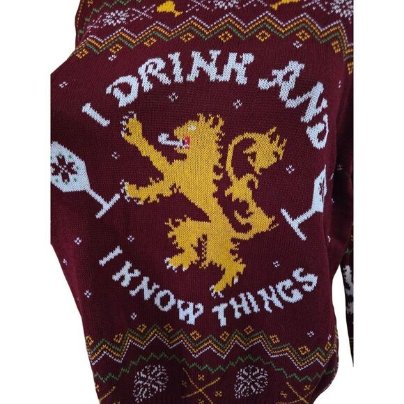 Game Of Thrones "I Drink And I Know Things" Lion Holiday Sweater Small Red Knit - Picture 3 of 7